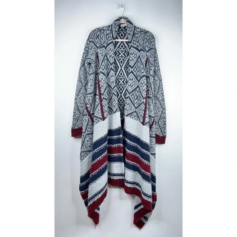 Sleeping On Snow Cardigan Open Front Waterfall Gray Blue Red Long Wool Blend